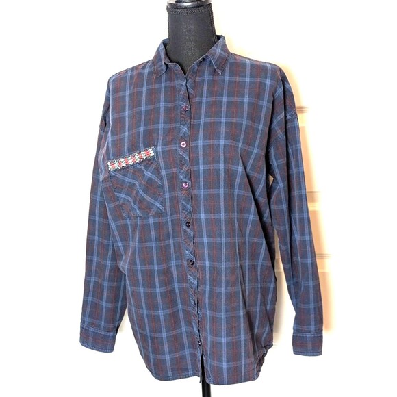 Zara Blue Plaid Blouse Size M Oversized Embellished Beaded Pocket Button Up Boho - Picture 2 of 10